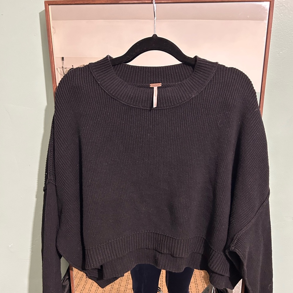 Free People Black Crew Neck Sweater with Distressed Hem